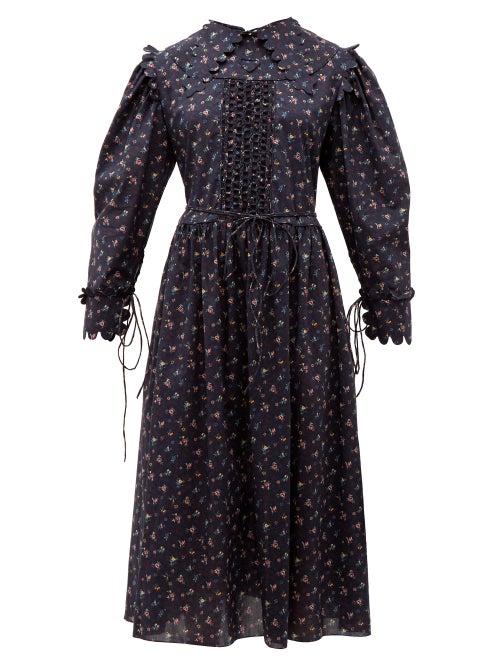 Matchesfashion.com Horror Vacui - Clara Scalloped Floral Print Cotton Dress - Womens - Navy Multi