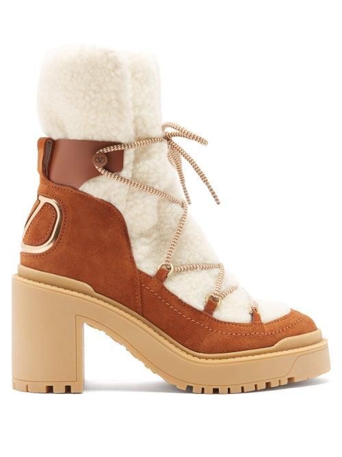 Valentino Garavani - V-logo Suede And Shearling Boots - Womens - Beige Multi