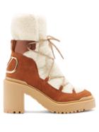 Valentino Garavani - V-logo Suede And Shearling Boots - Womens - Beige Multi