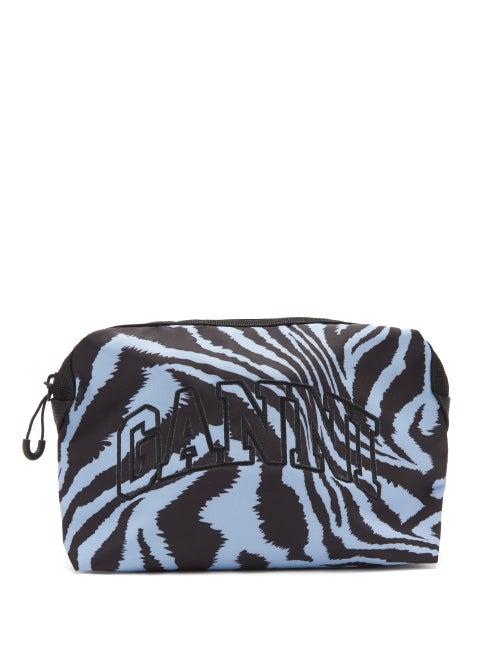 Matchesfashion.com Ganni - Logo-embroidered Tiger-print Makeup Bag - Womens - Blue Multi
