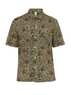 Matchesfashion.com Finamore 1925 - Palm Print Short Sleeved Linen Blend Poplin Shirt - Mens - Green
