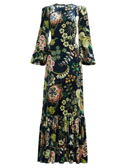 Matchesfashion.com The Vampire's Wife - Tea Floral Print Velvet Dress - Womens - Navy Print