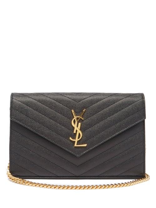 Matchesfashion.com Saint Laurent - Chain-strap Ysl-plaque Grained-leather Wallet - Womens - Black