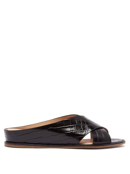 Matchesfashion.com Gabriela Hearst - Ellington Crocodile Effect Leather Slides - Womens - Black
