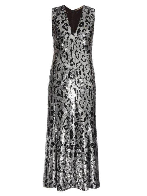 Matchesfashion.com Roberto Cavalli - Leopard Print Sequin Embellished Midi Gown - Womens - Silver