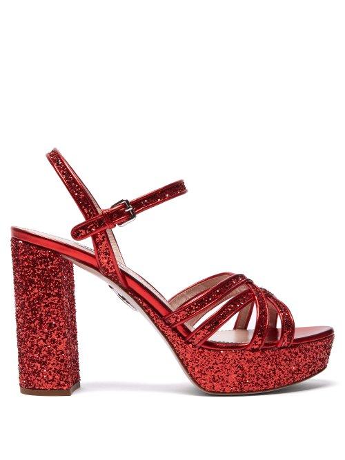 Matchesfashion.com Miu Miu - Glitter Platform Leather Sandals - Womens - Red