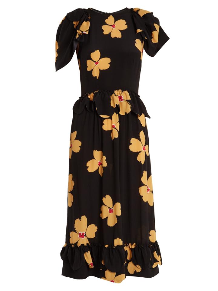 Simone Rocha Floral-print Ruffle-sleeved Crepe De Chine Dress