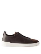 Zegna - Triple Stitch Leather Slip-on Trainers - Mens - Dark Brown