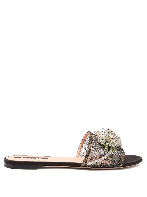 Matchesfashion.com Rochas - Flora Crystal Appliqu Lace Slides - Womens - Black