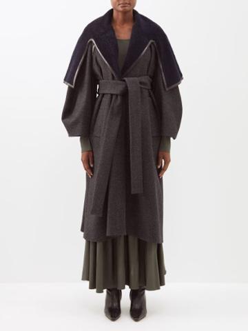 Loewe - Shearling-cape Herringbone Wool-blend Tweed Coat - Womens - Black