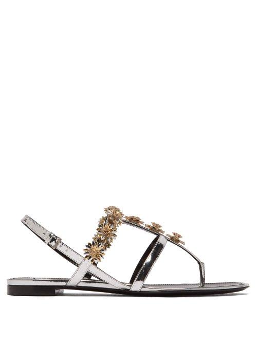 Matchesfashion.com Fabrizio Viti - Metallic Daisy Embellished Flat Leather Sandals - Womens - Silver
