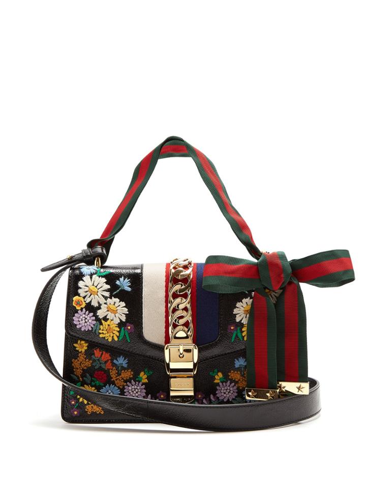 Gucci Sylvie Embroidered Leather Shoulder Bag