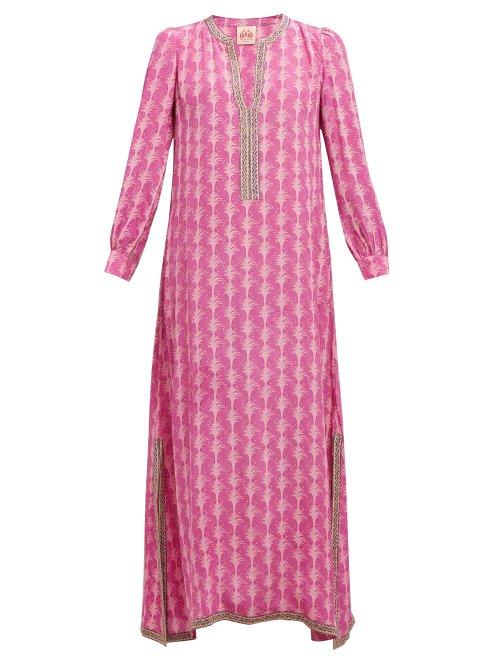 Matchesfashion.com Le Sirenuse, Positano - Leila Little Palms Print Silk Maxi Kaftan - Womens - Purple Print