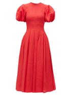 Matchesfashion.com Emilia Wickstead - Doreen Puff-sleeve Seersucker Midi Dress - Womens - Red