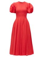 Matchesfashion.com Emilia Wickstead - Doreen Puff-sleeve Seersucker Midi Dress - Womens - Red