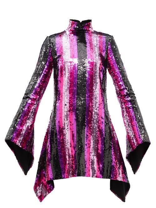 Halpern - High-neck Striped Sequinned Mini Dress - Womens - Pink Multi