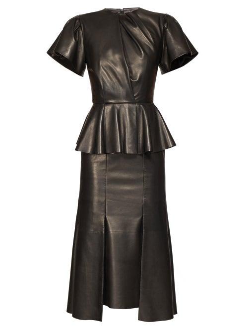 Matchesfashion.com Alexander Mcqueen - Bell Sleeve Peplum Leather Midi Dress - Womens - Black