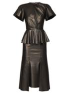 Matchesfashion.com Alexander Mcqueen - Bell Sleeve Peplum Leather Midi Dress - Womens - Black