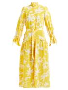 Matchesfashion.com Beulah - Darsha Floral Printed Ruffled Silk Midi Dress - Womens - Yellow Multi