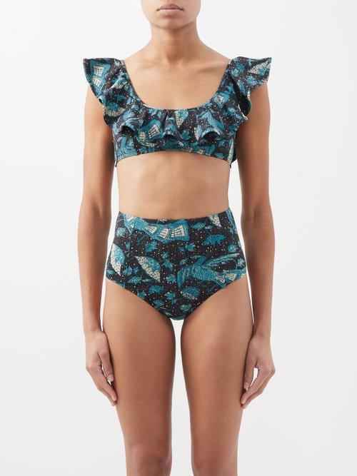 Ulla Johnson - Ruffled Floral-print Scoop-neck Bikini Top - Womens - Navy Print