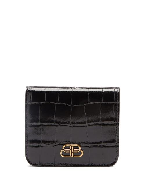 Matchesfashion.com Balenciaga - Bb-plaque Crocodile-effect Leather Bi-fold Wallet - Womens - Black