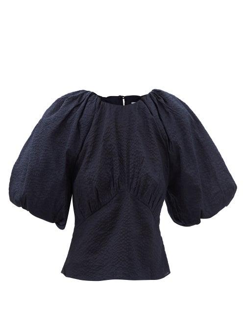 Frame - Puff-sleeve Cotton-seersucker Blouse - Womens - Navy