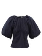 Frame - Puff-sleeve Cotton-seersucker Blouse - Womens - Navy
