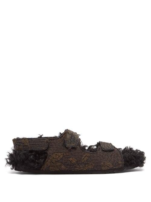 By Walid - Felix Embroidered Silk And Shearling Sandals - Mens - Black