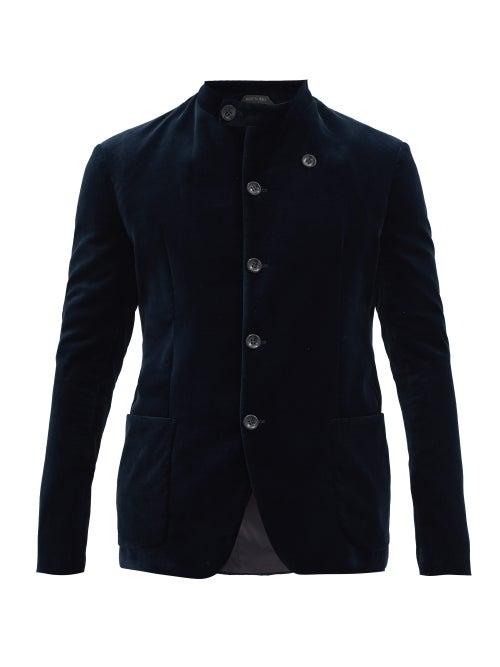 Matchesfashion.com Giorgio Armani - Stand-collar Single-breasted Velvet Blazer - Mens - Blue
