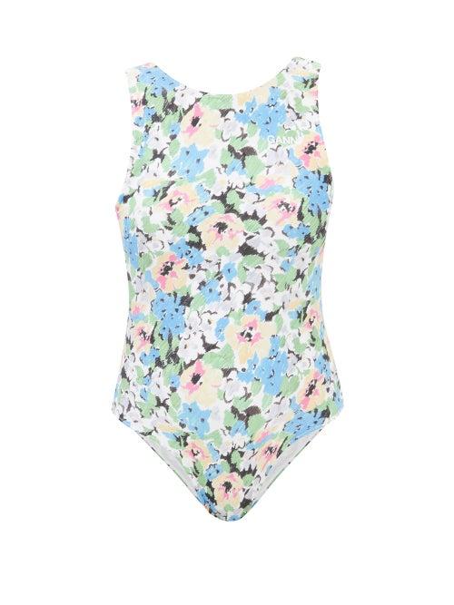 Ganni - Scoop-back Floral-print Jersey Swimsuit - Womens - Blue Print