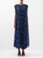 Raey - Modern Cow-print Gathered-shoulder Silk Dress - Womens - Navy Print