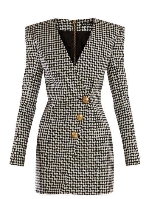 Matchesfashion.com Balmain - Houndstooth Buttoned Mini Dress - Womens - Black White