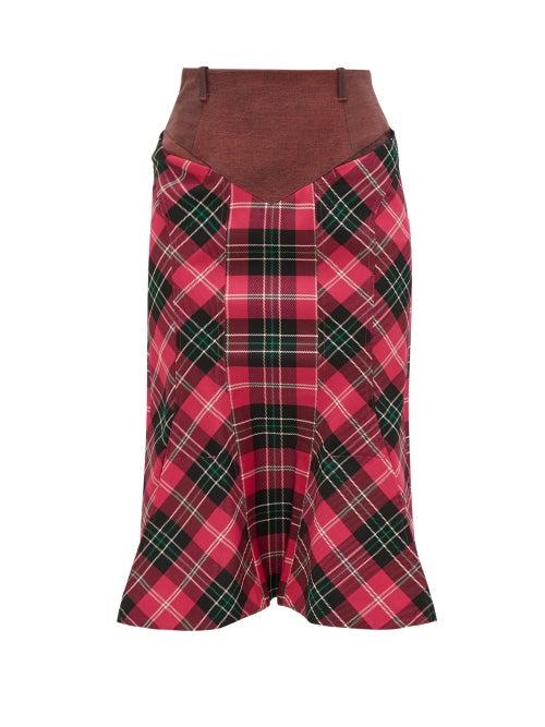 Matchesfashion.com Marine Serre - Fluted Hem Denim And Tartan Pencil Skirt - Womens - Pink Multi