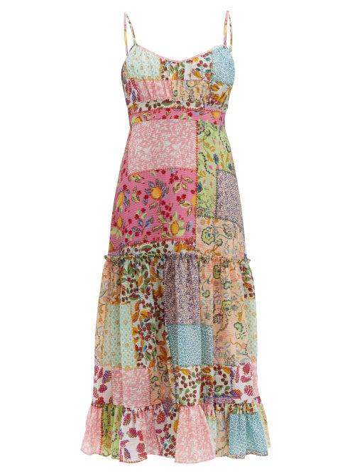 Matchesfashion.com Saloni - Bella Patchwork Print Seersucker Midi Dress - Womens - Multi