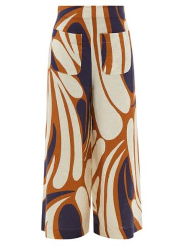 Ladies Beachwear Cala De La Cruz - Valerie Abstract-print Linen Wide-leg Trousers - Womens - Brown Multi