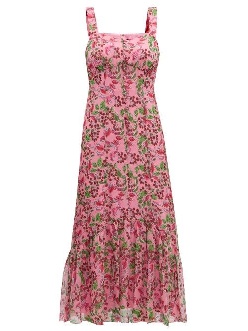 Matchesfashion.com Saloni - Joel Floral And Berry Print Silk Midi Dress - Womens - Pink Multi