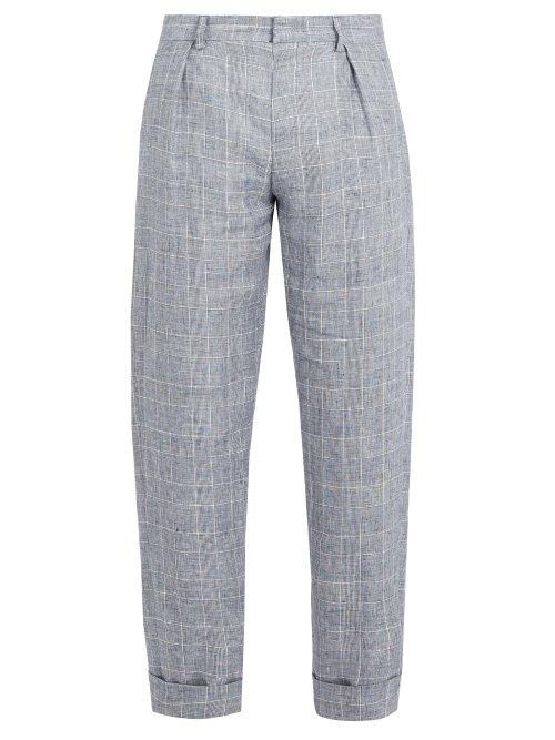 Matchesfashion.com Maison Kitsun - Checked Linen Cropped Trousers - Mens - Blue