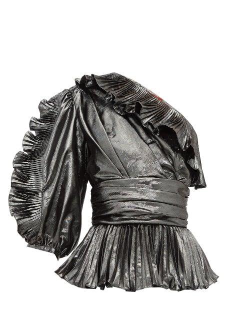 Matchesfashion.com Altuzarra - Adita One Shoulder Pleated Lam Top - Womens - Silver