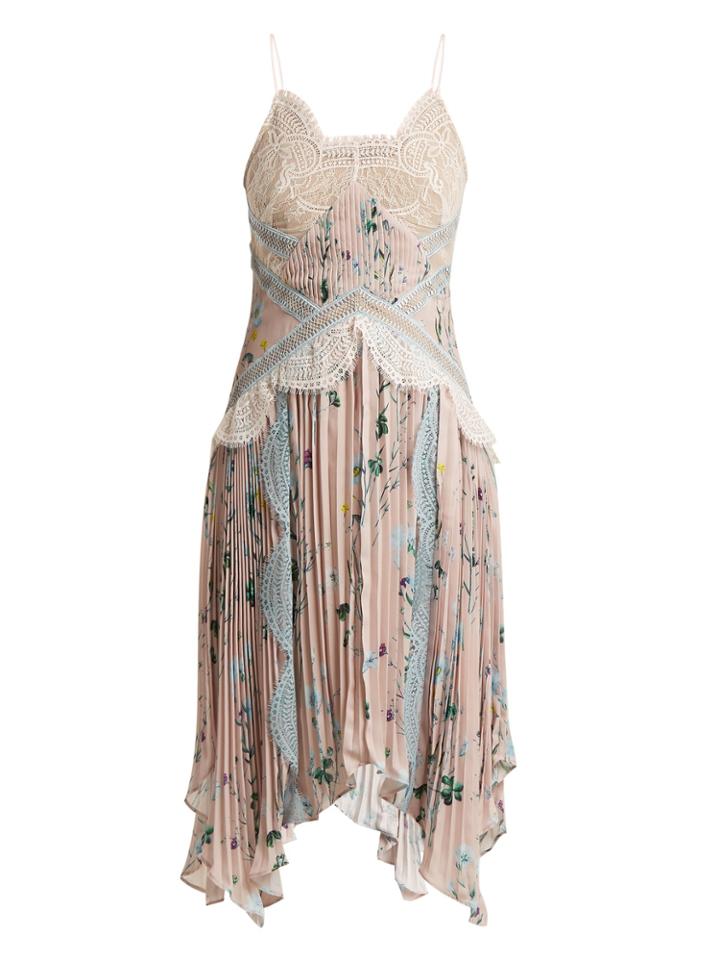 Self-portrait Lace-insert Floral-print Pleated Dress