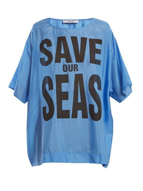 Matchesfashion.com Katharine Hamnett London - Save Our Seas Print Silk T Shirt - Womens - Blue