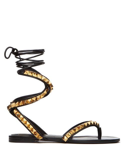Valentino Garavani - Studded Wraparound Leather Sandals - Womens - Black