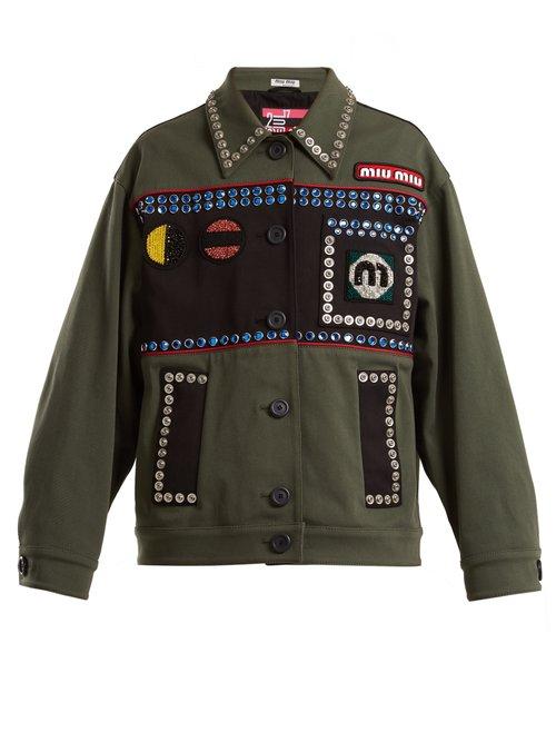 Matchesfashion.com Miu Miu - Bead And Crystal Embellished Cotton Blend Jacket - Womens - Green