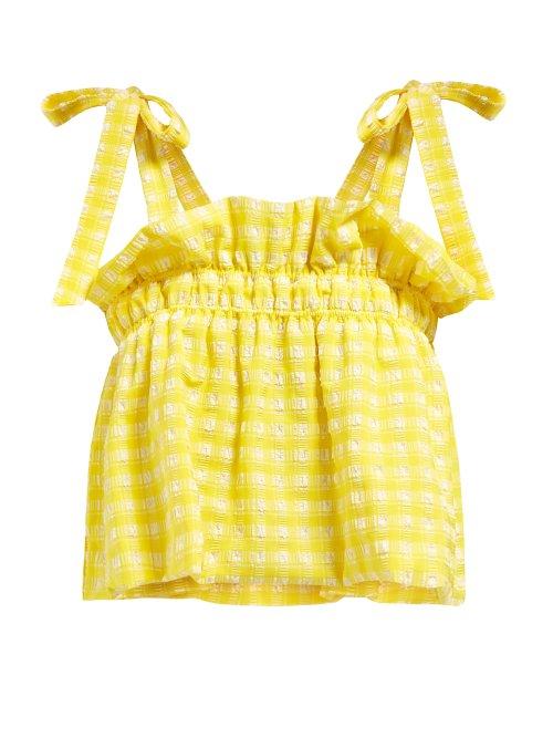 Matchesfashion.com Ganni - Mahogany Ruffled Gingham Cropped Top - Womens - Yellow