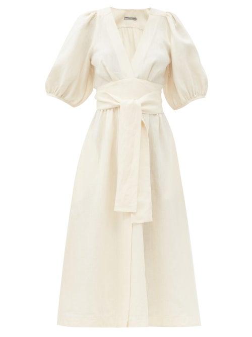 Matchesfashion.com Three Graces London - Fiona Puff-sleeve Tie-waist Linen Midi Dress - Womens - Ivory