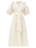 Matchesfashion.com Three Graces London - Fiona Puff-sleeve Tie-waist Linen Midi Dress - Womens - Ivory