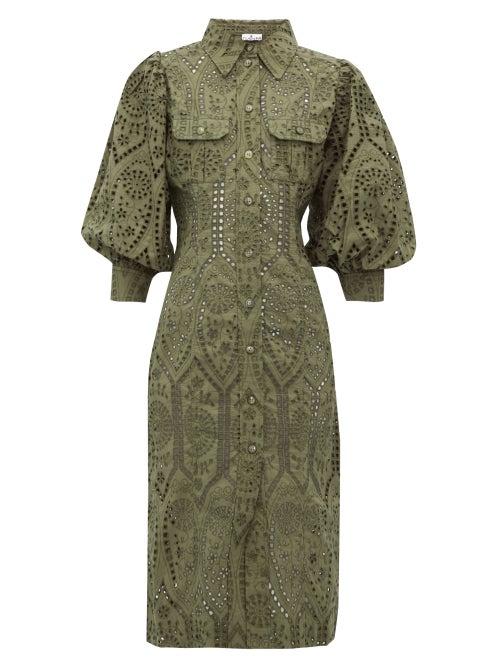 Matchesfashion.com Ganni - Balloon Sleeve Broderie Anglaise Cotton Shirtdress - Womens - Khaki
