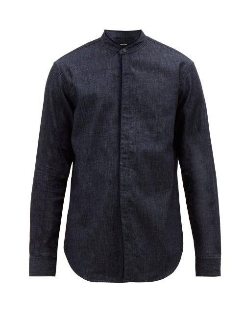 Matchesfashion.com Giorgio Armani - Band Collar Piped Cotton Chambray Shirt - Mens - Blue