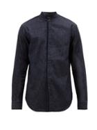 Matchesfashion.com Giorgio Armani - Band Collar Piped Cotton Chambray Shirt - Mens - Blue