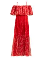 Matchesfashion.com Three Graces London - Diana Leaf Print Off The Shoulder Silk Dress - Womens - Red Multi