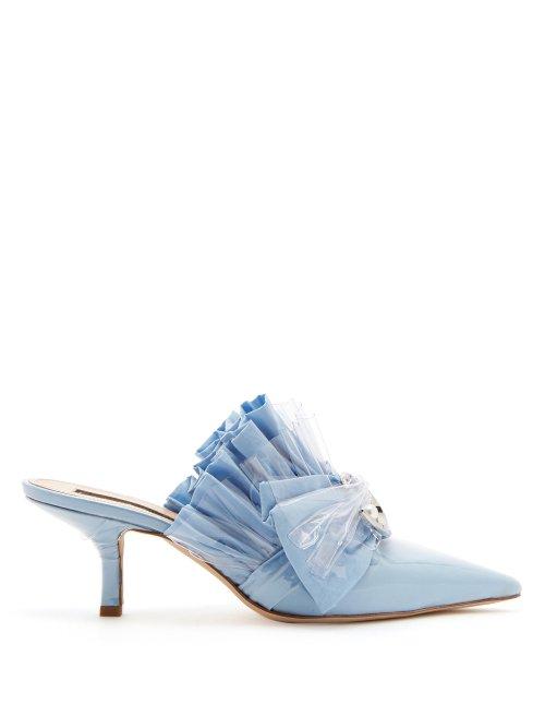 Matchesfashion.com Midnight 00 - Ruched Cotton & Pvc Kitten Heel Mules - Womens - Light Blue